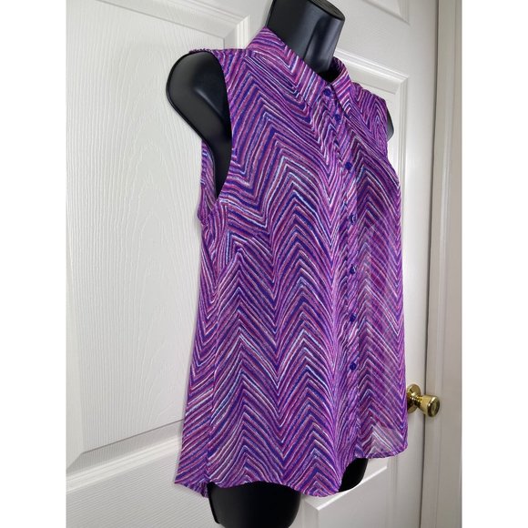 Cato Blouse Sleeveless Sheer Purple Pink White Striped Collar Button Size Medium - Picture 6 of 10